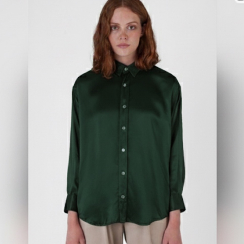 Katharine Hamnett Nicola Silk Oversized Forest Green Button Down Top Shirt M/L